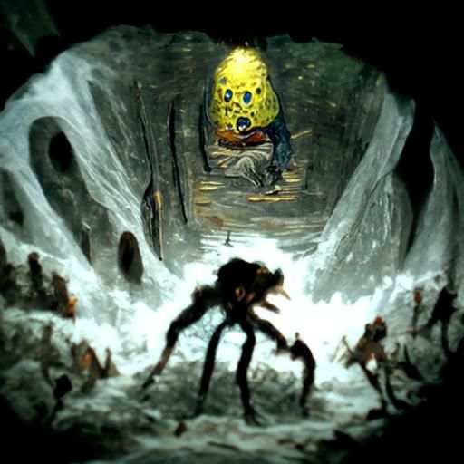 Spongebob eats people and says yum at night in a cave AI Generated