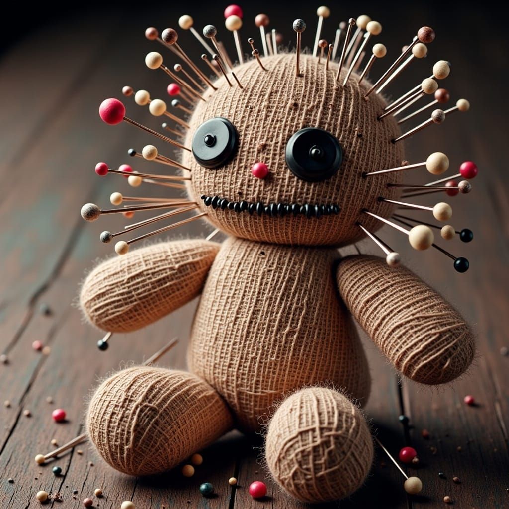<lora:Creepy Dolls:1.0> a scary macabre (canvas:1.9) (burlap:1.9) voodoo doll with pins sticking out of it