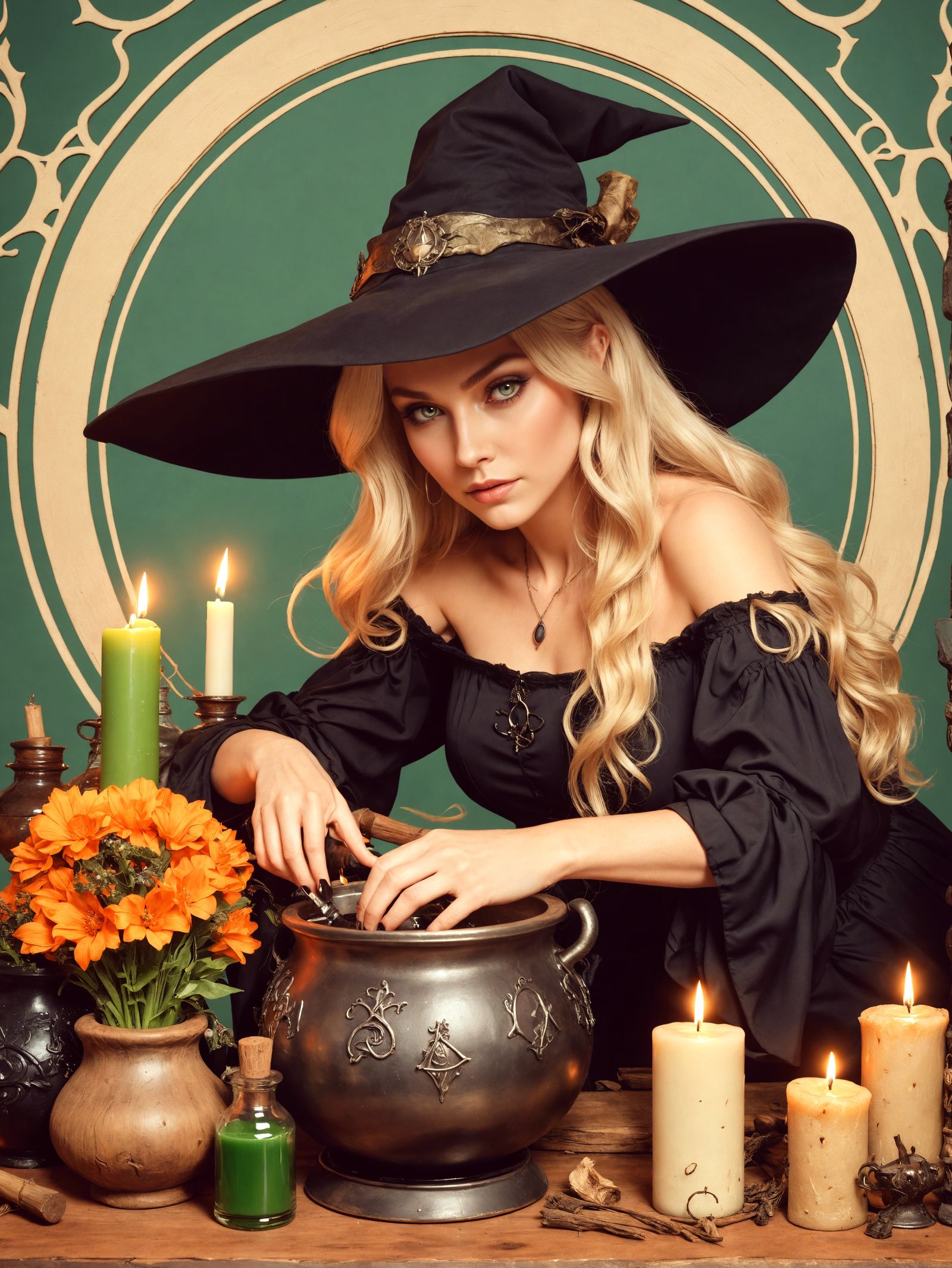 Beautiful blonde haired witch wearing a black dress, adding potions to her cauldron, in her den with jars and candles