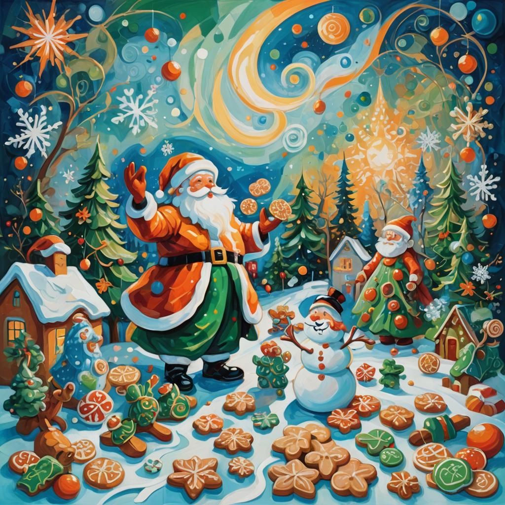 Festive Abstract Painting with Santa in Expressionist Style