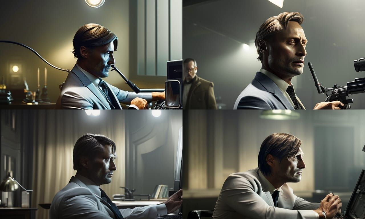 Mads Mikkelsen as a detective, using computer in a film noir movie