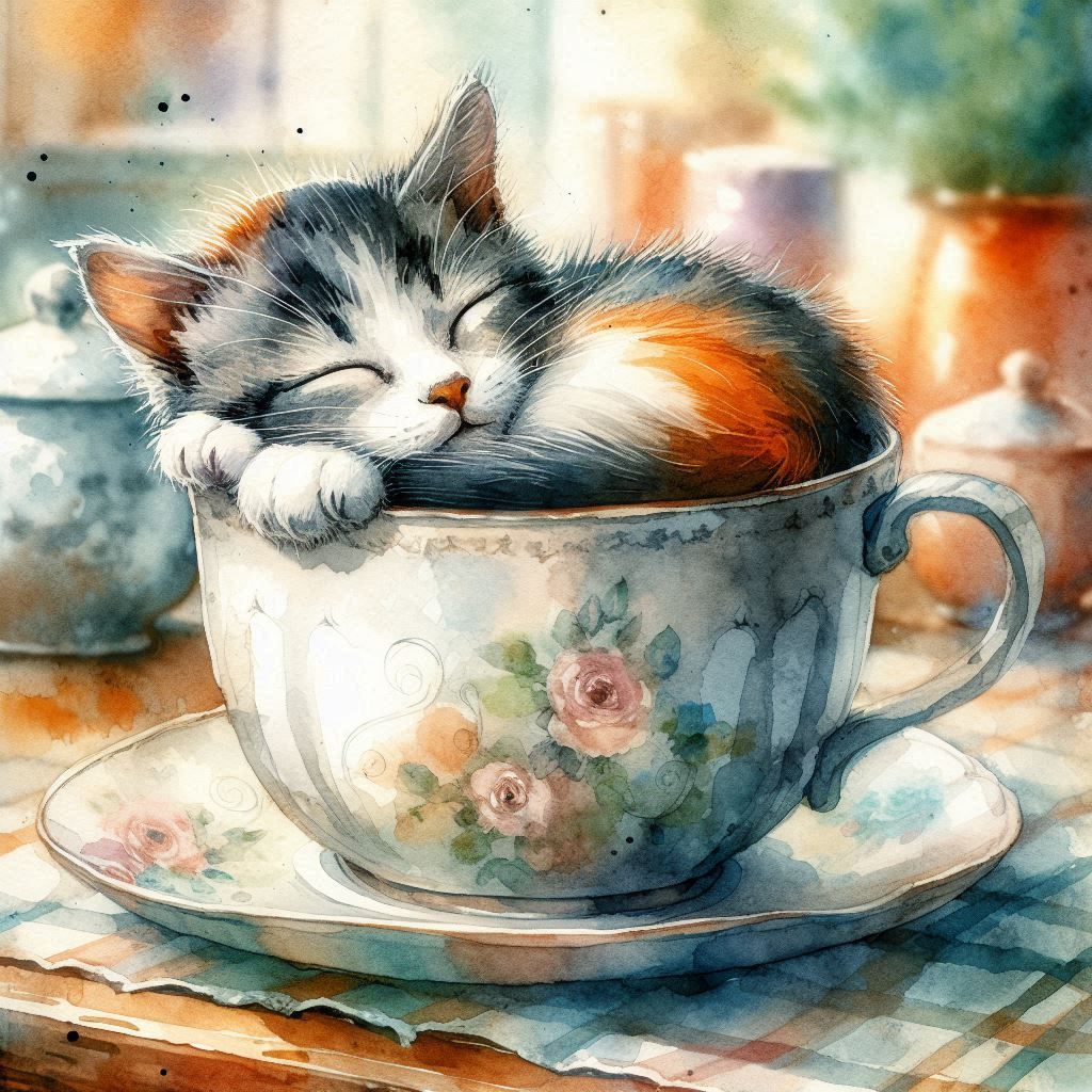 a lithe cat curled up comfortably inside a ceramic cup,