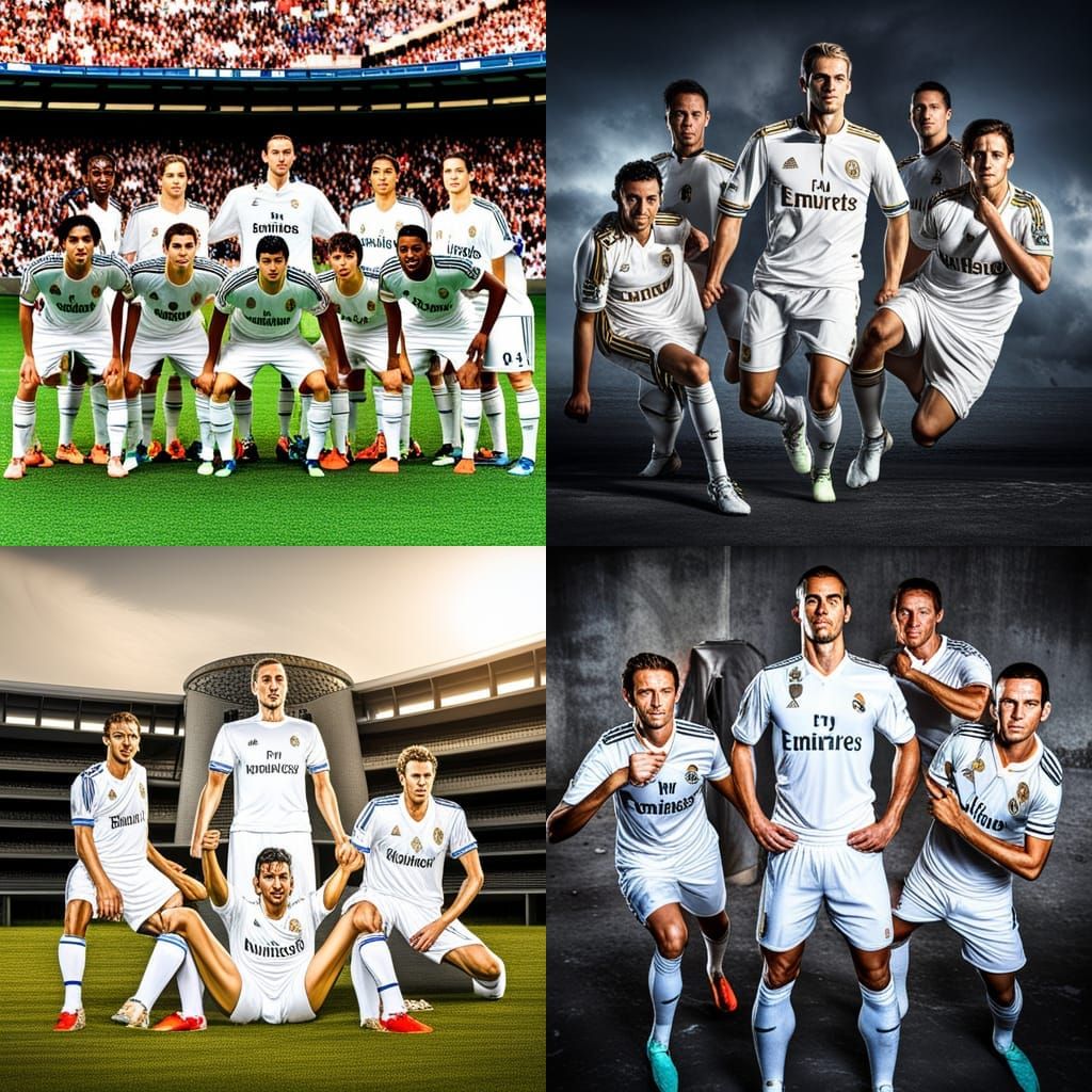 White and gold Real Madrid soccer team posing as superheroes...