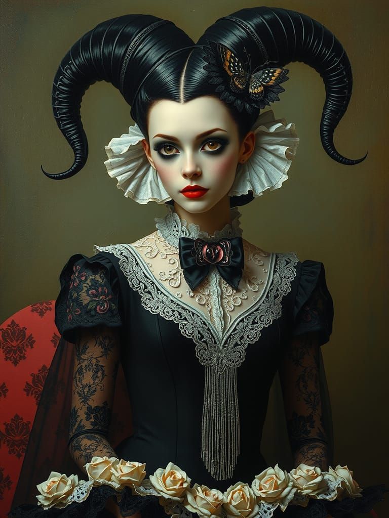 Hyperdetailed Harlequin Wednesday Addams Wearing Lace Dress, Oil Painting, Nick Knight, Tom Lovell, Anne Bachelier 💜 ✨ 💋  by @kimberly willow sage tree