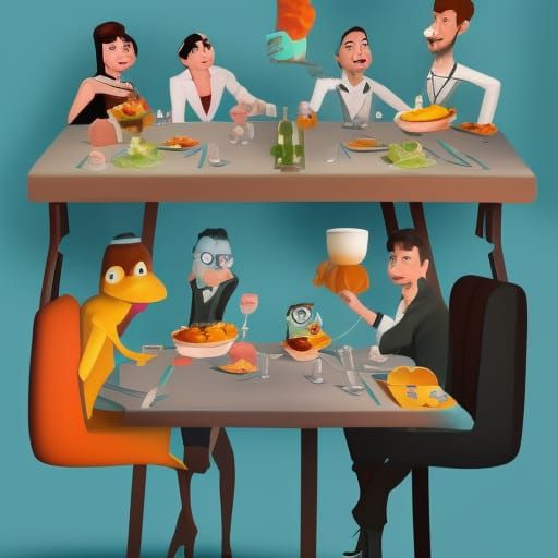 Space Creatures Eating at a Fancy Crowded Restaurant , Paint...