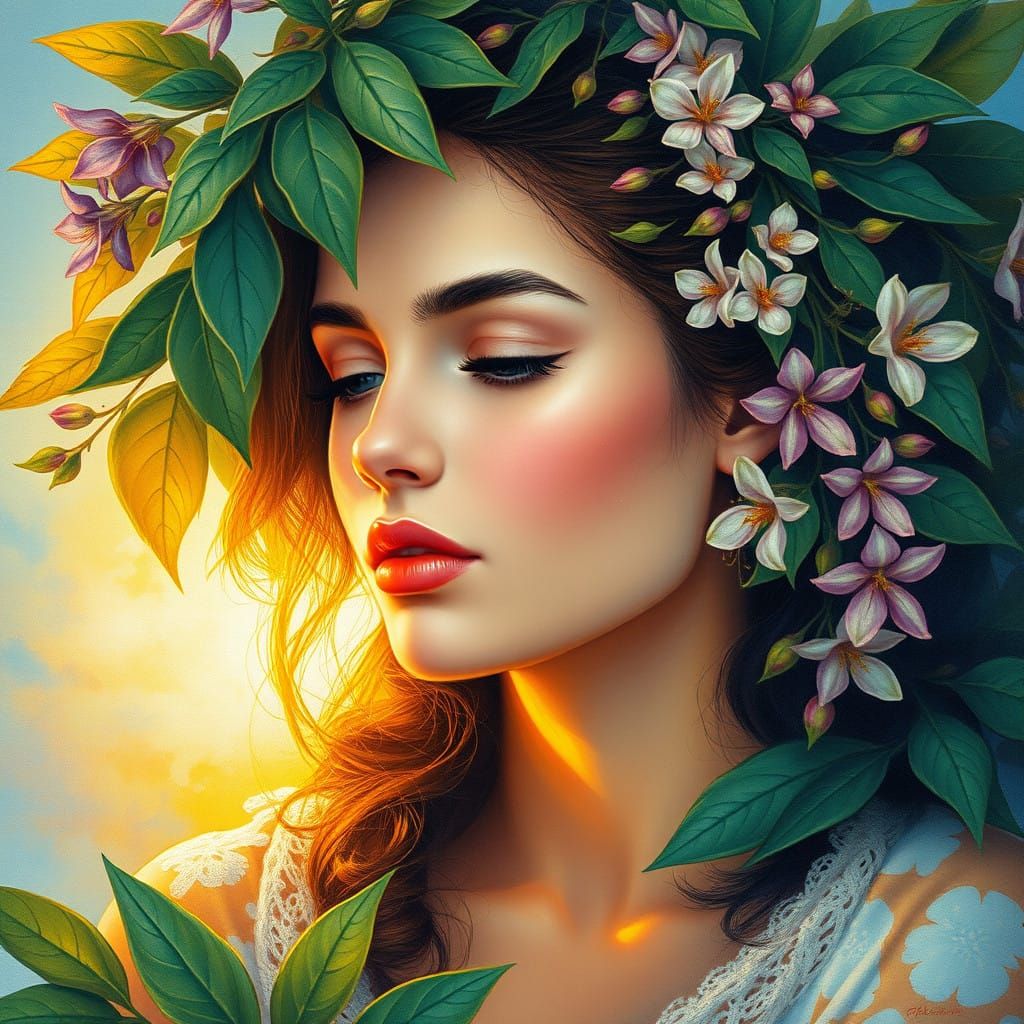 Woman Lost in Thought Amidst Lush Foliage in Impressionist S...