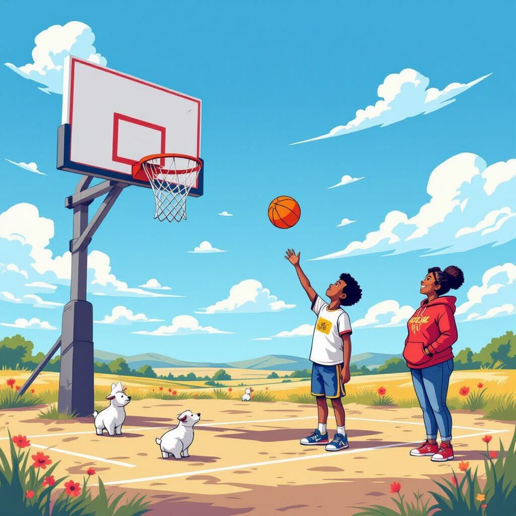 Small boy is playing basketball, monitored by his mother  by @undefined