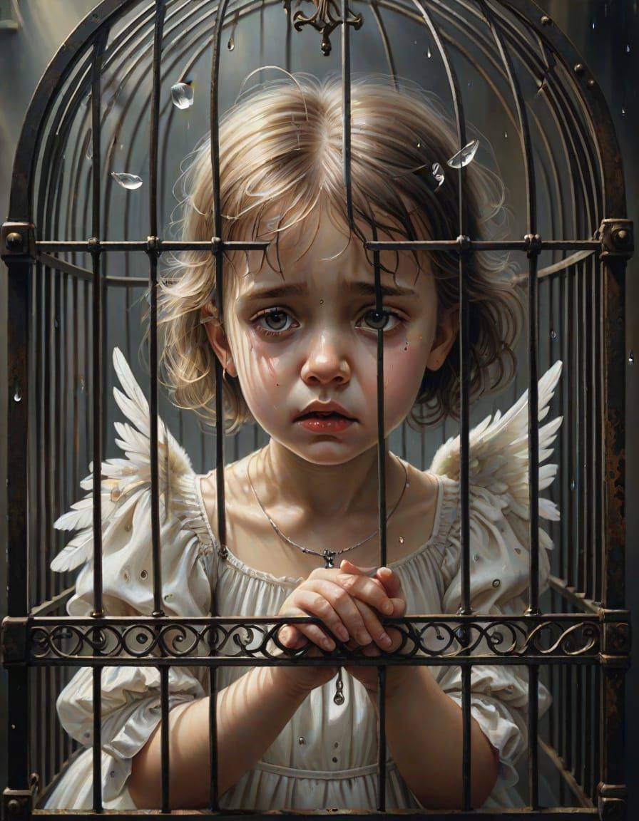 A beautiful little girl child angel, crying, laying locked in an old-fashioned black wrought iron birdcage.