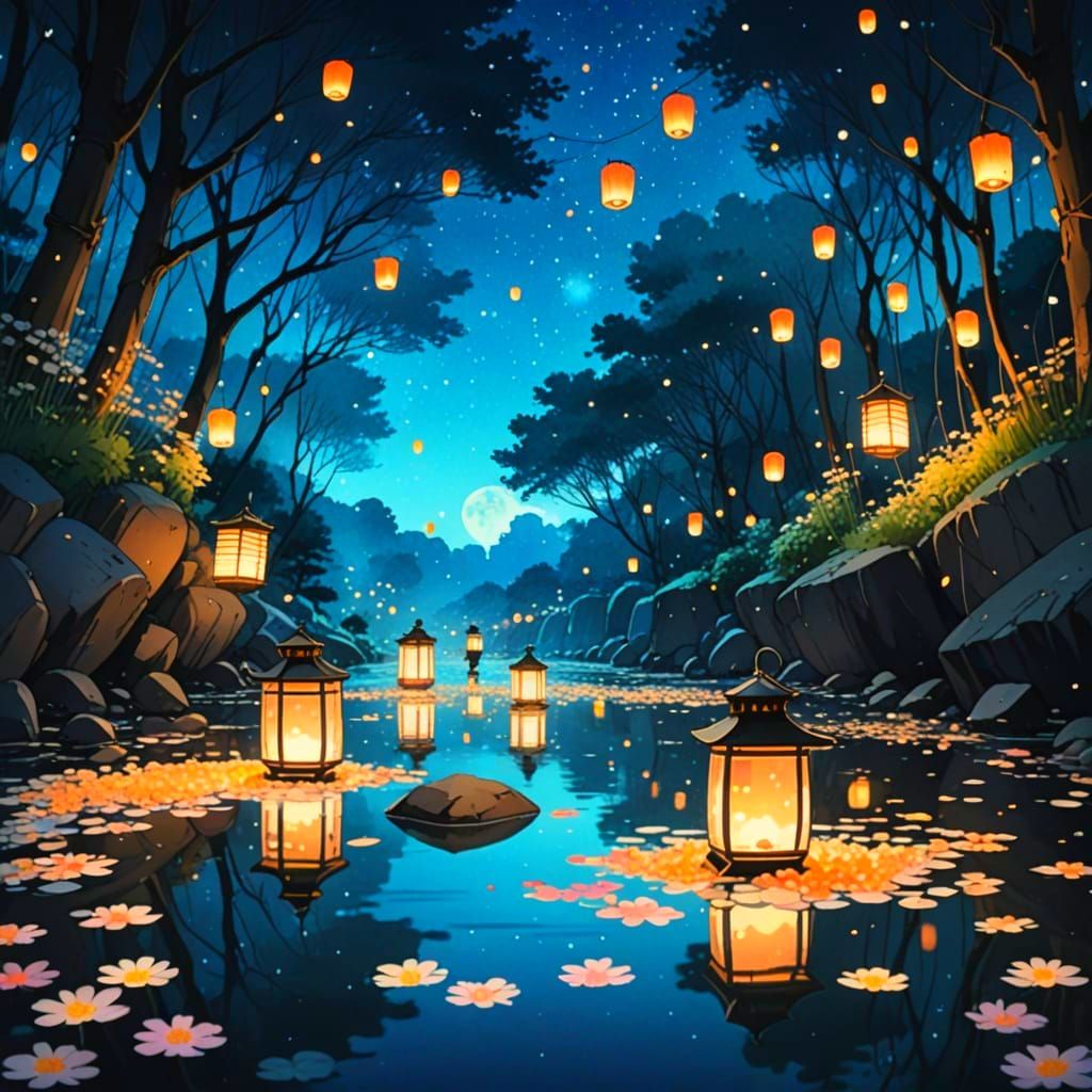 灯篭流し、光る川、散る花びら、夜、ジブリ風、写真風、白黒、水墨画