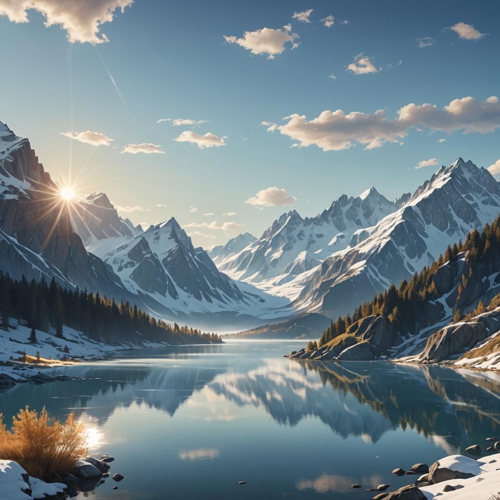 photorealistic image captured with Sony A7 III, 24mm lens, a majestic alpine lake nestled between snow-capped ...  by @xSexyKx