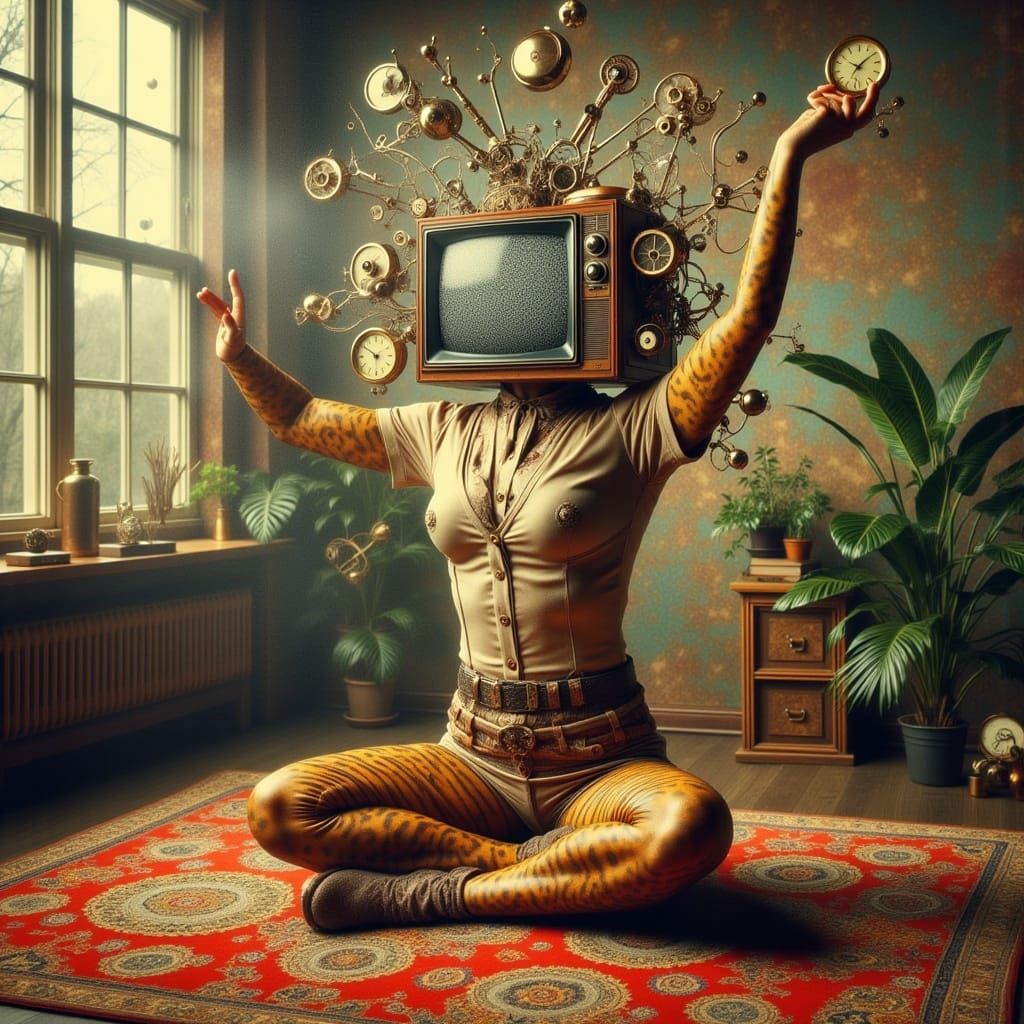 <lora:TVhead:1.0> TVhead tiger doing yoga retro collage