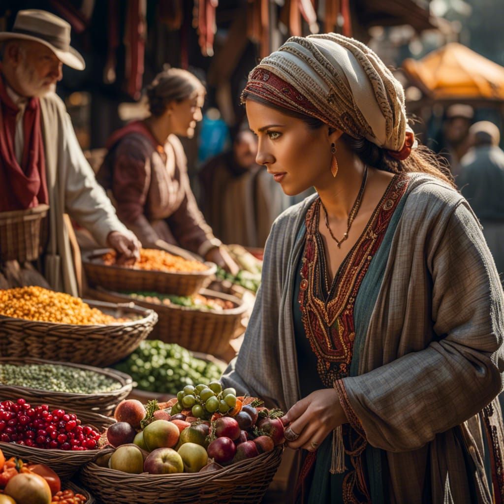 Woman buying fruit at medieval market  by @T