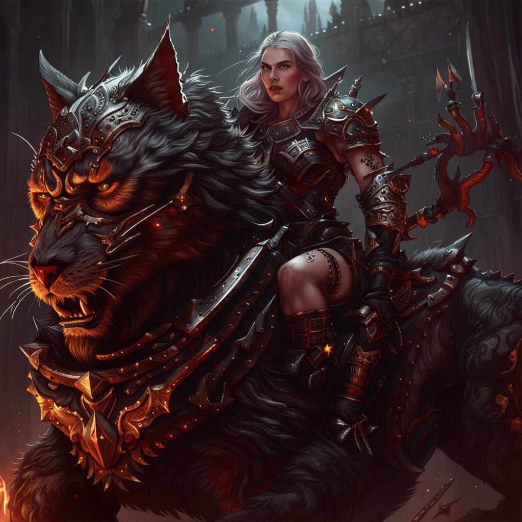 Bloodthirsty cat barbarian in studded leather armor riding a mechanical ...