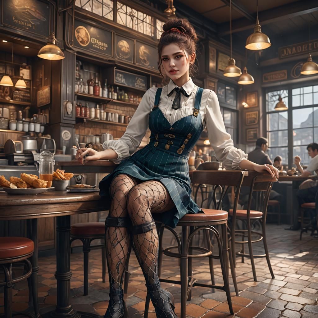 A women in cafe wear fishnet stocking