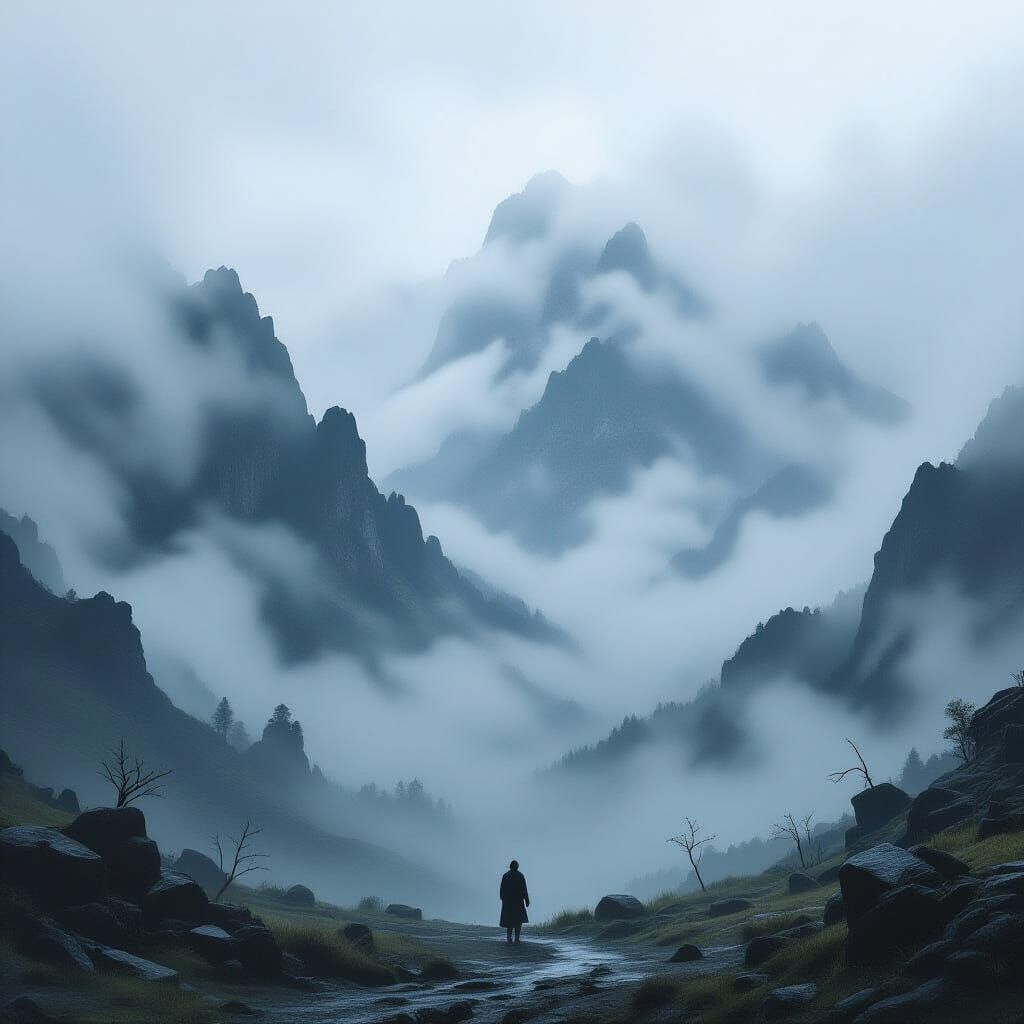 Misty Mountains in Dystopian Fantasy Style