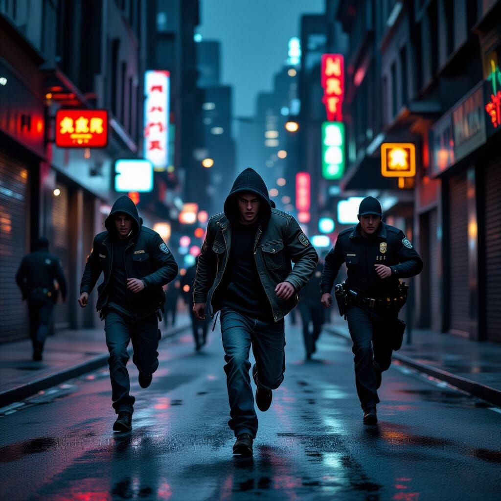 Street Chase in Gritty Cyberpunk Cityscape