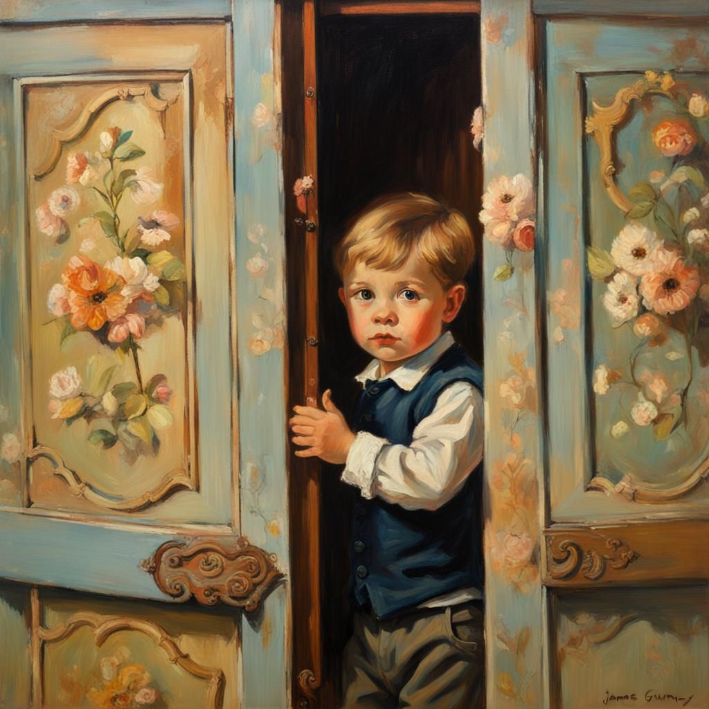 “Portrait of <lora:a beautiful little boy:1.0> peaking out o...