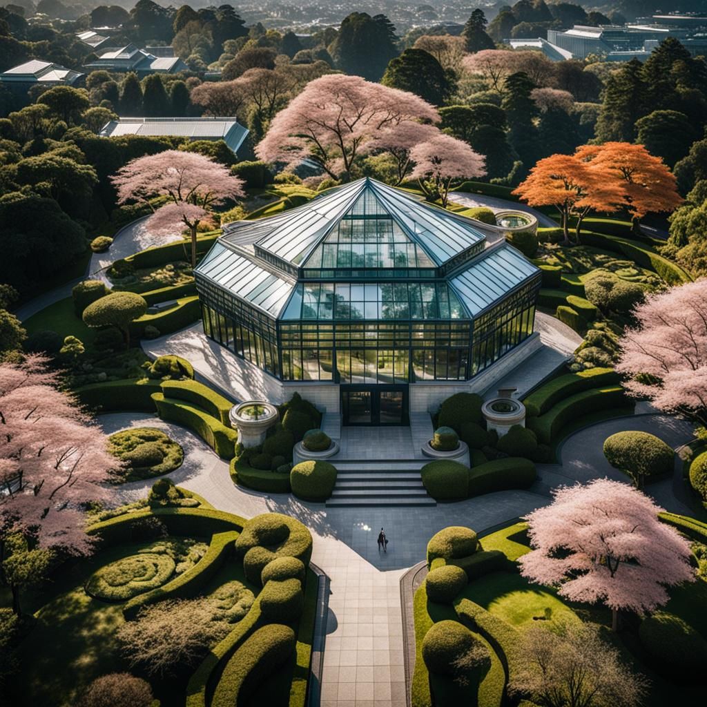 Award winning drone photograph of art deco glasshouse amidst...