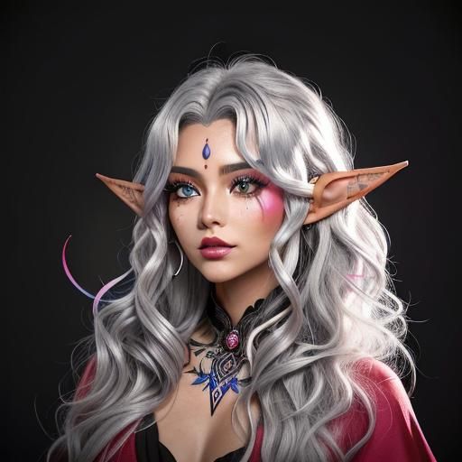 the colorfully-inked, windswept elf blue eyes silver curly h...