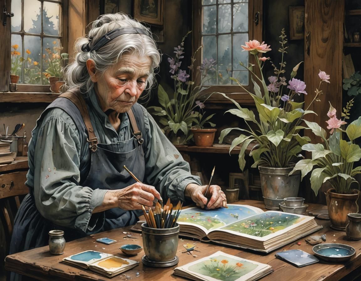 An old woman is painting in a book.  by @imagines_ai