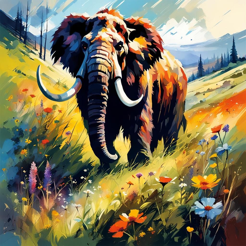 Hunting a majestic prehistoric wholly mammoth roaming through a lush, primeval landscape, evoking the ...  by @PJs AiArt
