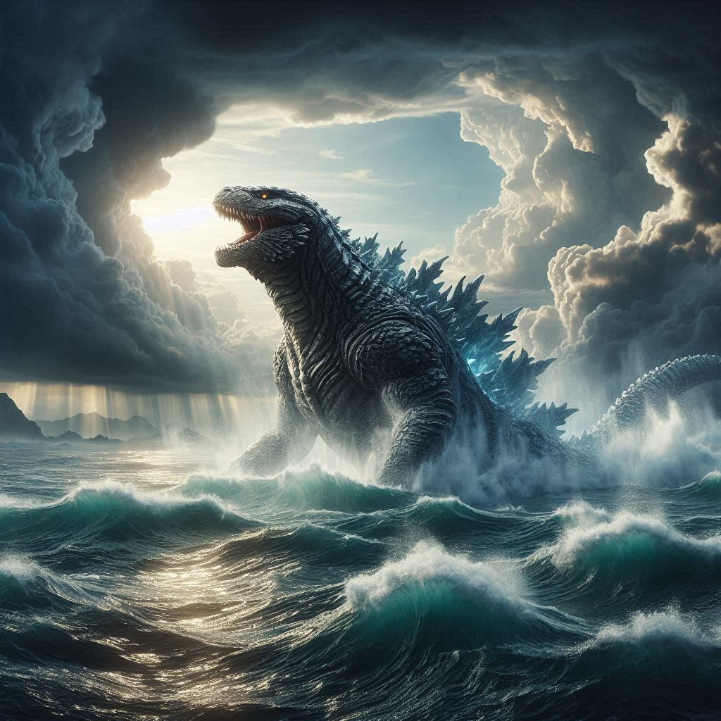 Oceanic Awakening: Godzilla Rises Amidst the Stormy Waters
