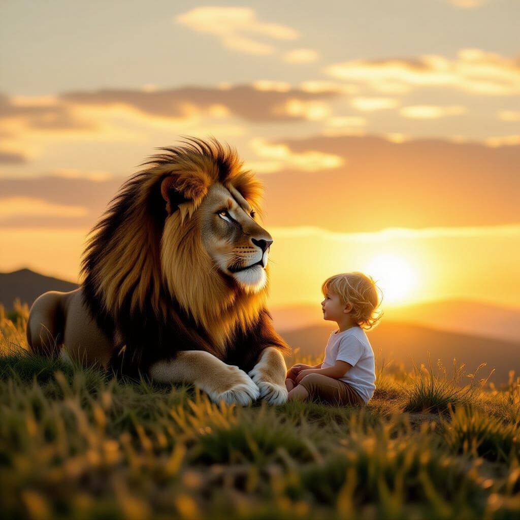Child and Lion in Golden Hour Serenity