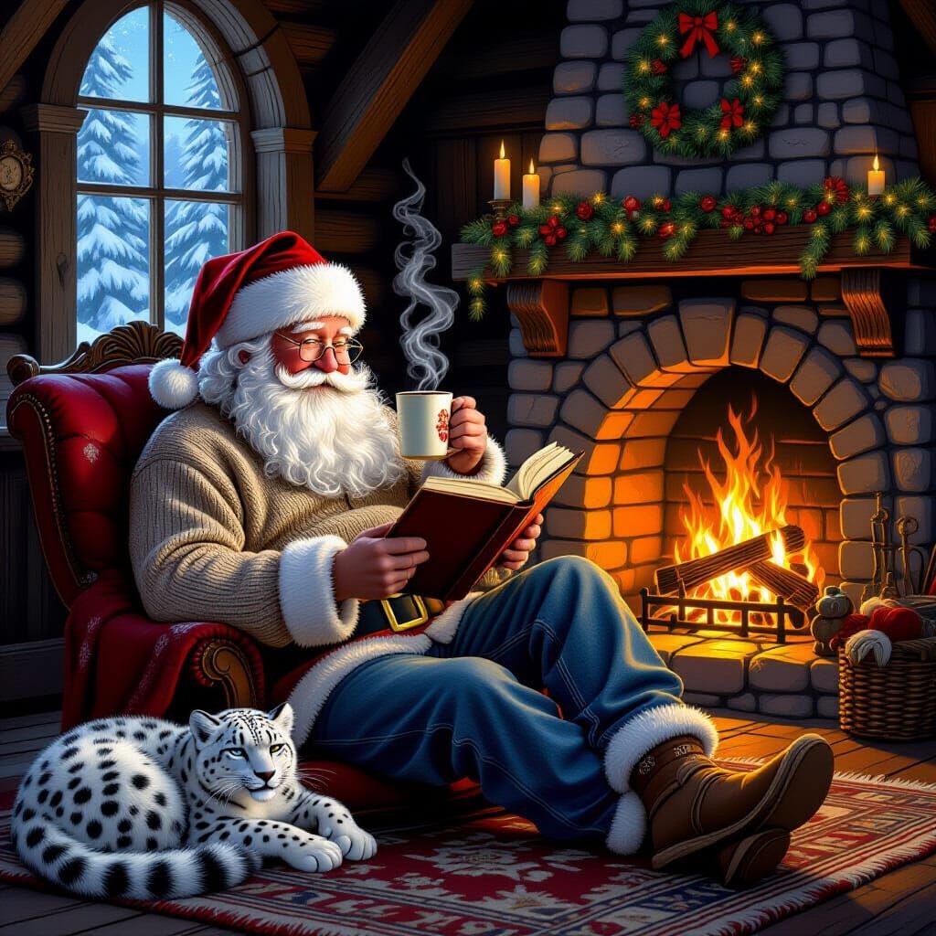 An Off-Duty Santa, dressed in a comfortable Pullover Sweater, Denim Jeans and Slippers, sipping on a ...  by @Deborah Sutton
