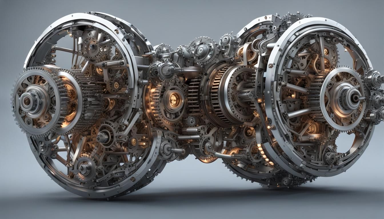 Front orthographic wiew of a huge fractal mechanical device, intricated metal-curves and wheels, Pistons and cogs, rich lights, cinematic, p...