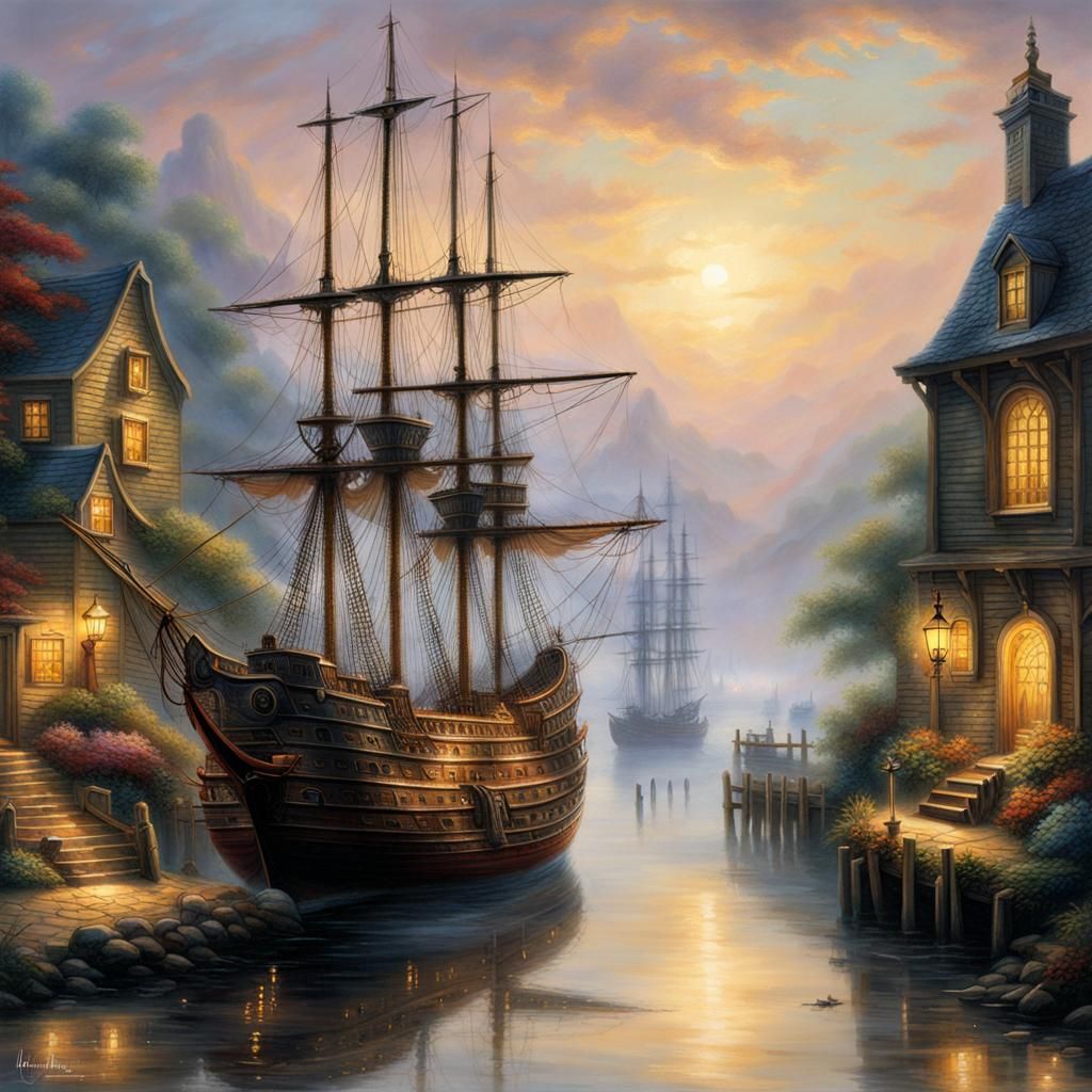 18th century galleon docked at small  town