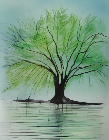 spreading green willow tree by the water
