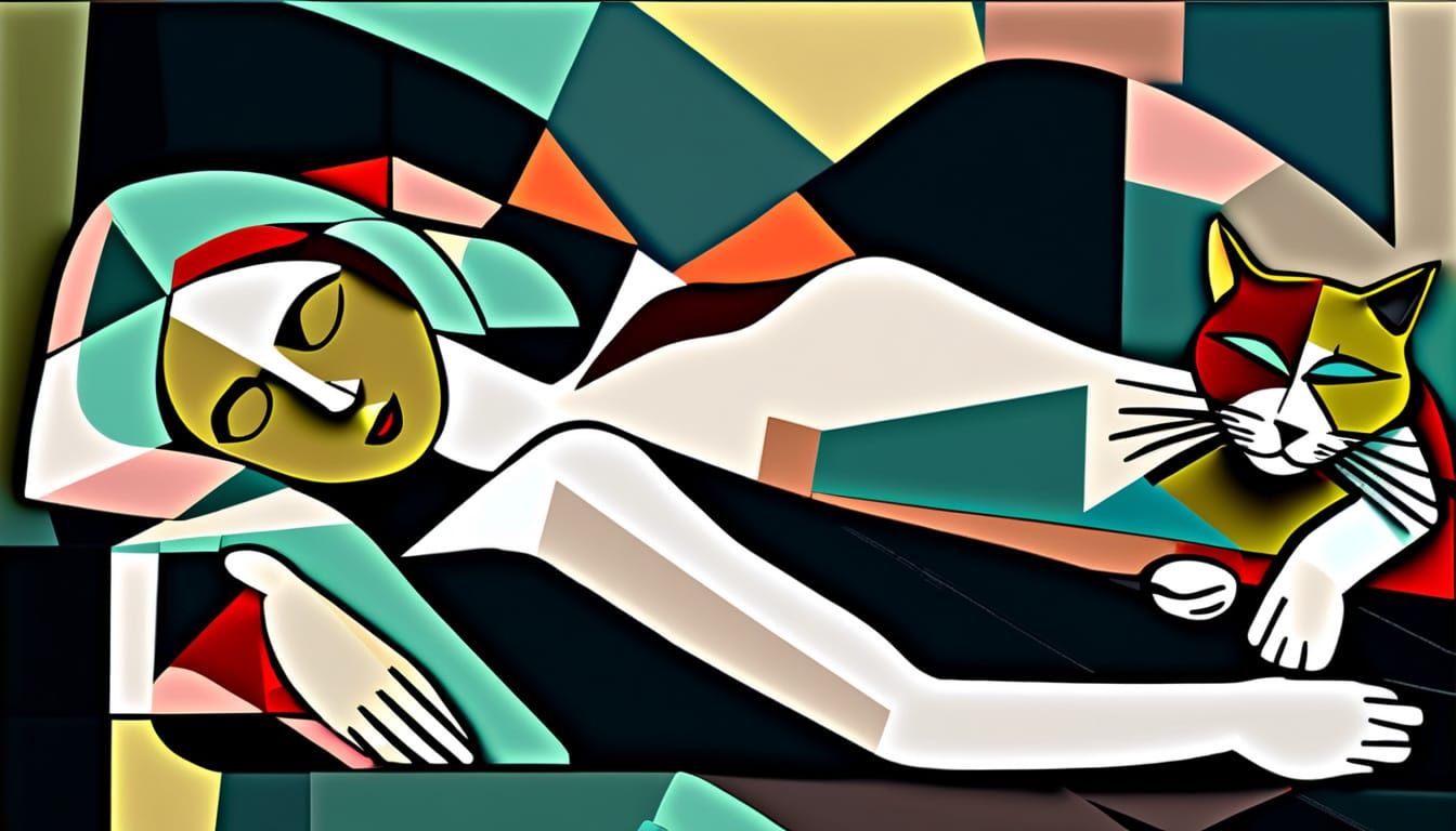 abstract interpretation of a sleeping girl and cat in the style of cubism or picasso, showcasing fragmented geometric shapes, vibrant colors...