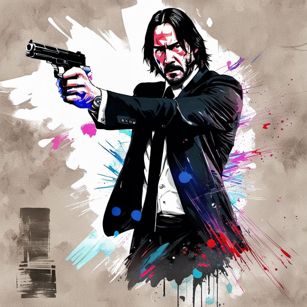 John Wick with the shooting pistol shetch on collage v.2 - AI Generated ...