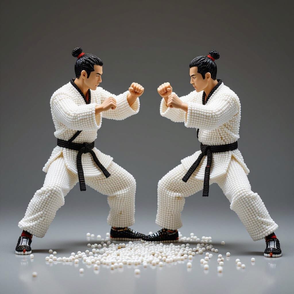 Kung Fu Fight Sculptures Made of 3D Plastic Beads