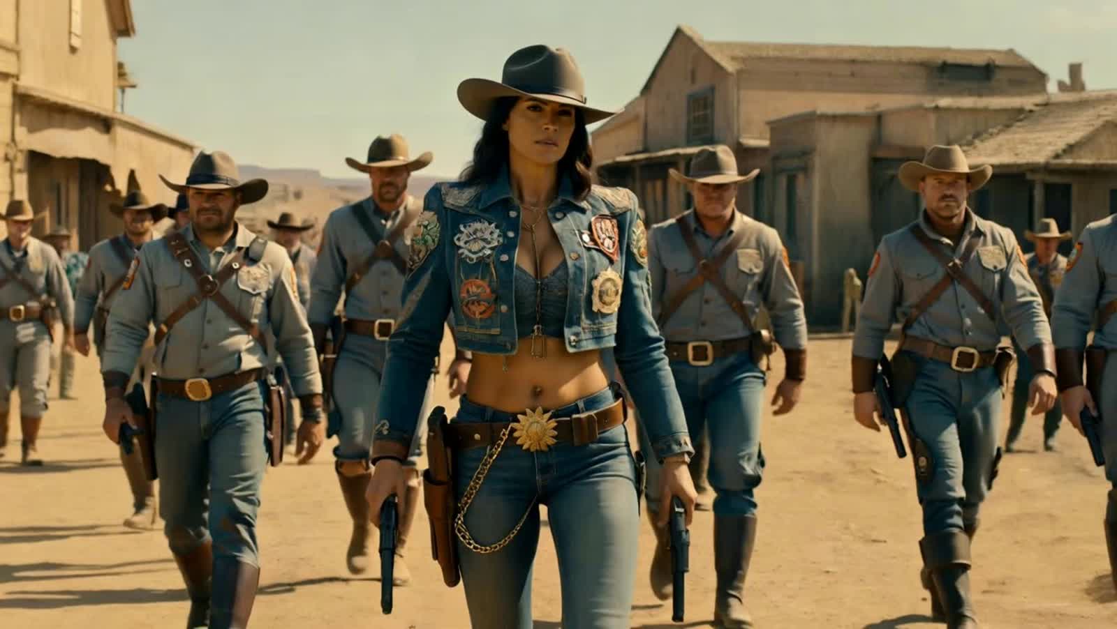 A group of rugged, futuristic cowboys and cowgirls walking confidently through a dusty, post-apocalyptic desert town. Th...