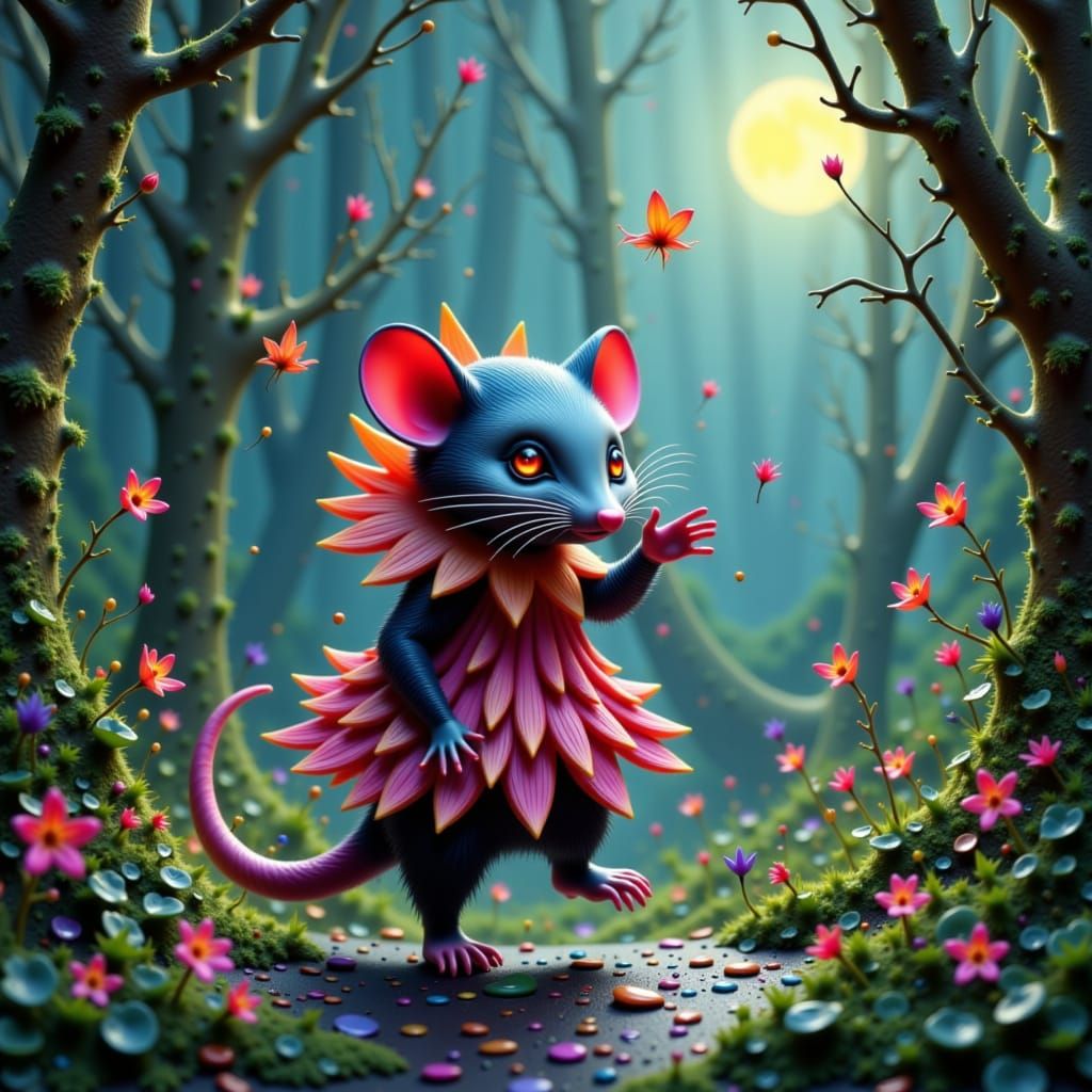 Oil painting. An ethereal, dreamlike forest clearing where a small, whimsical opossum with glowing eyes interacts with tiny, floating sprite...