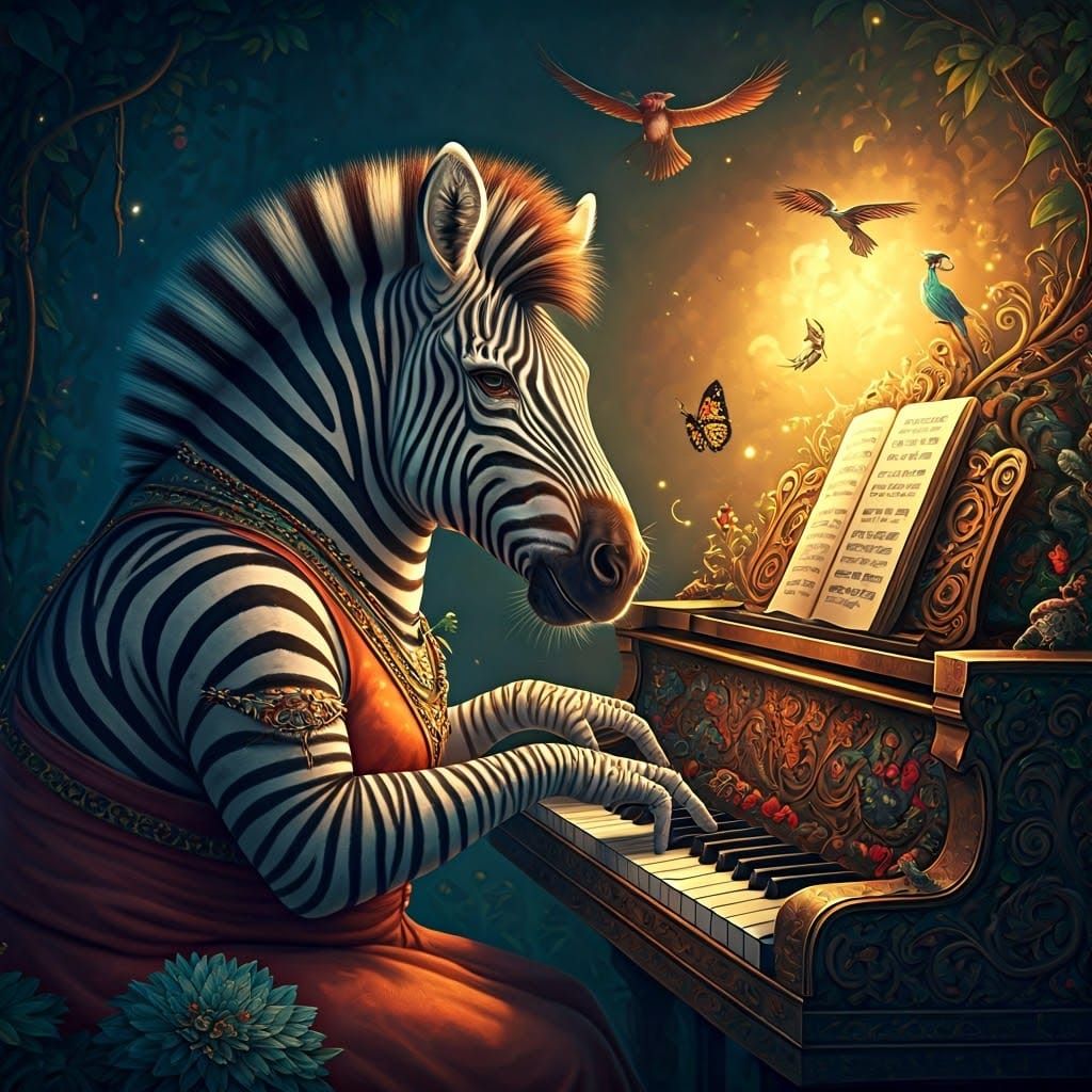 show a zebra playing music on a grand piano,surounded by lots of small creatures, who are happy.Hyperrealistic, splash art, concept art, mid...