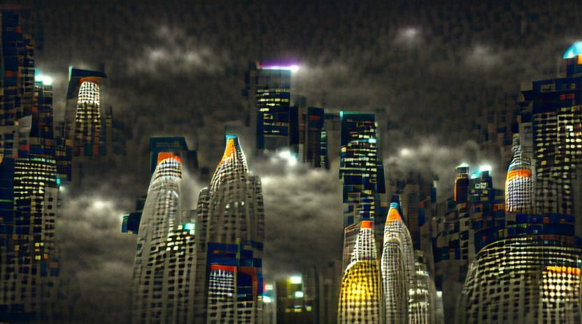 New York city skyscrapers at night.