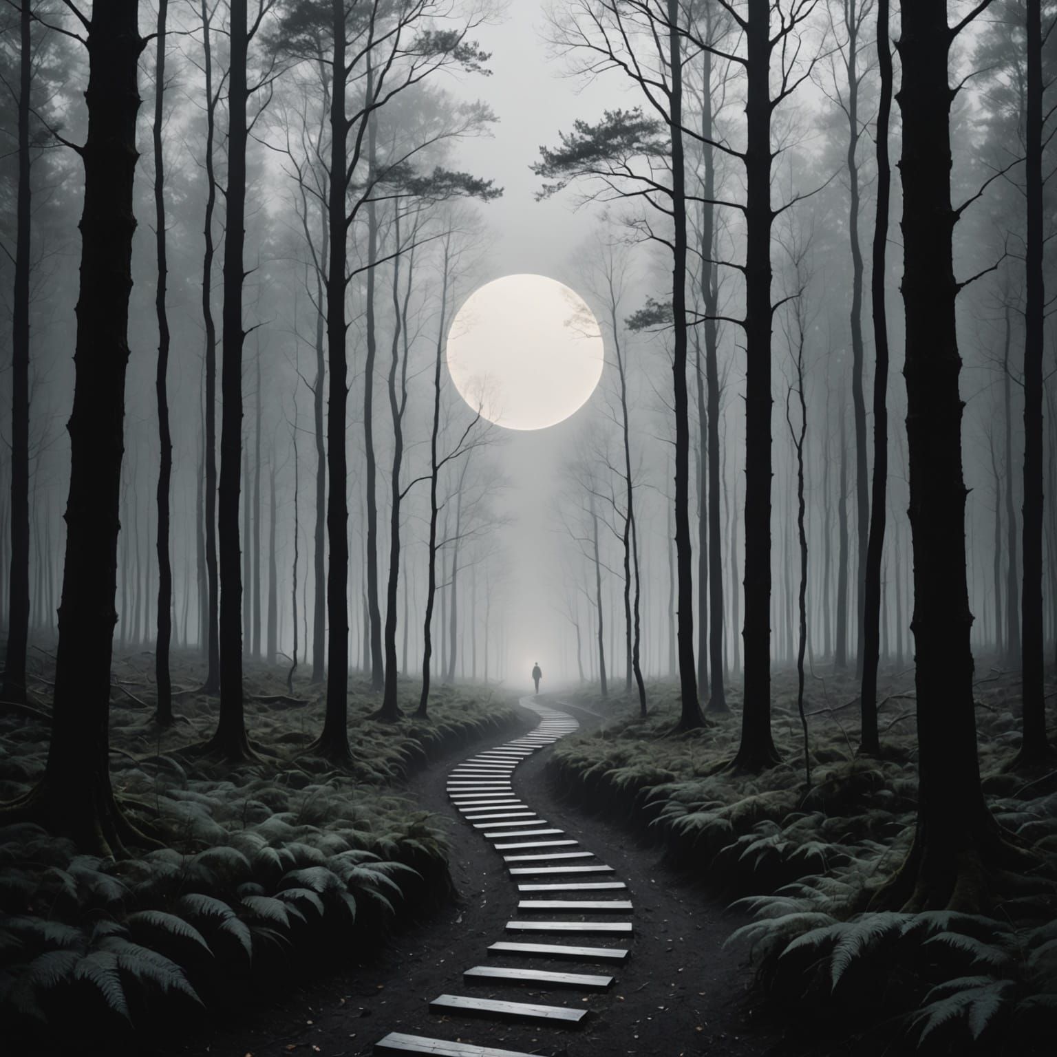 A minimalistic image symbolizing a mysterious journey. A single, winding path in pure white cuts through a dark, abstract forest represented...