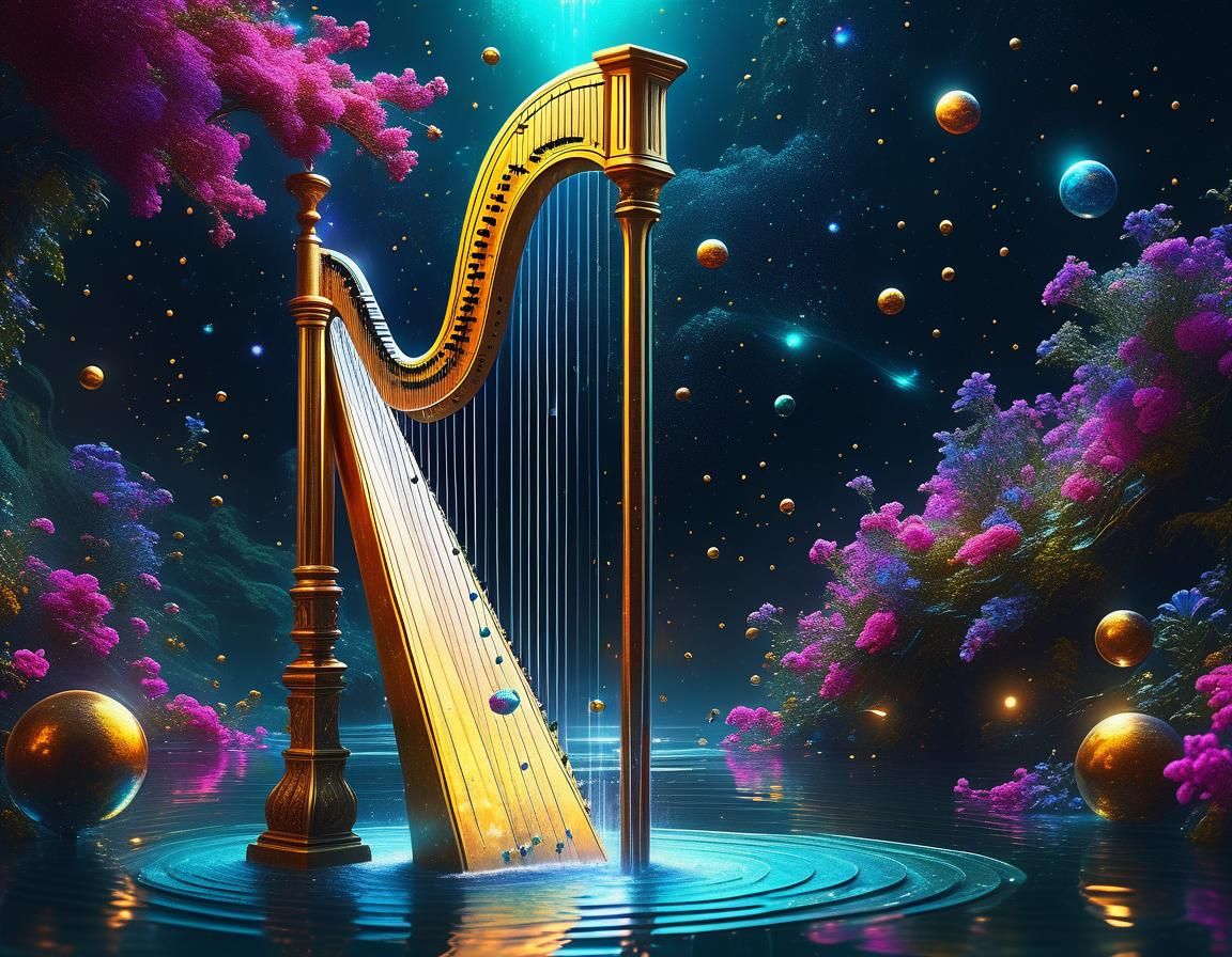 Cosmic Harp Fountain in Surreal Digital Art