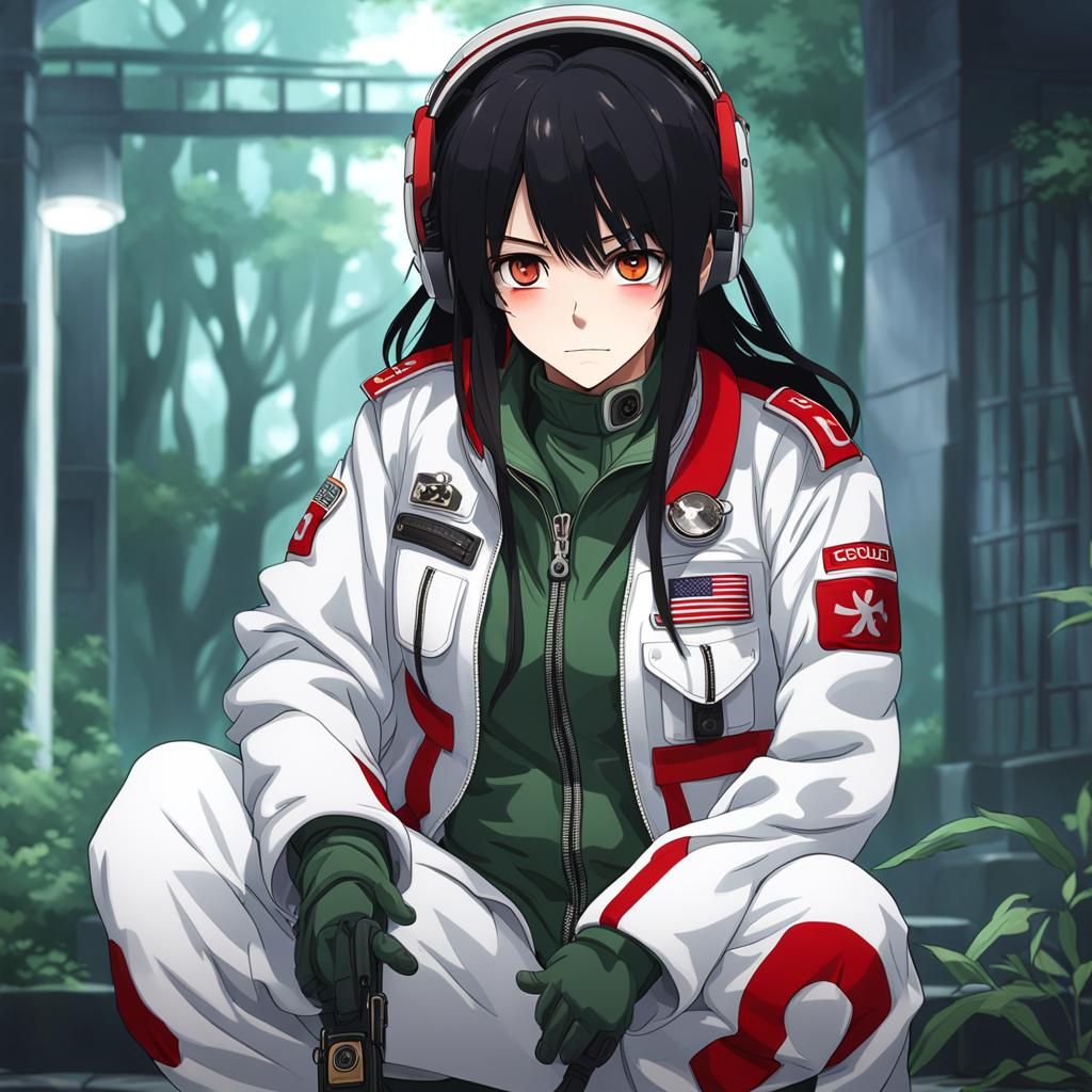 Anime-style tired female medic, black hair and eyes on Craiyon