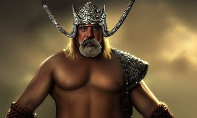 hogan, mustache goatee, headband, wwe wrestler but fantasy, ...