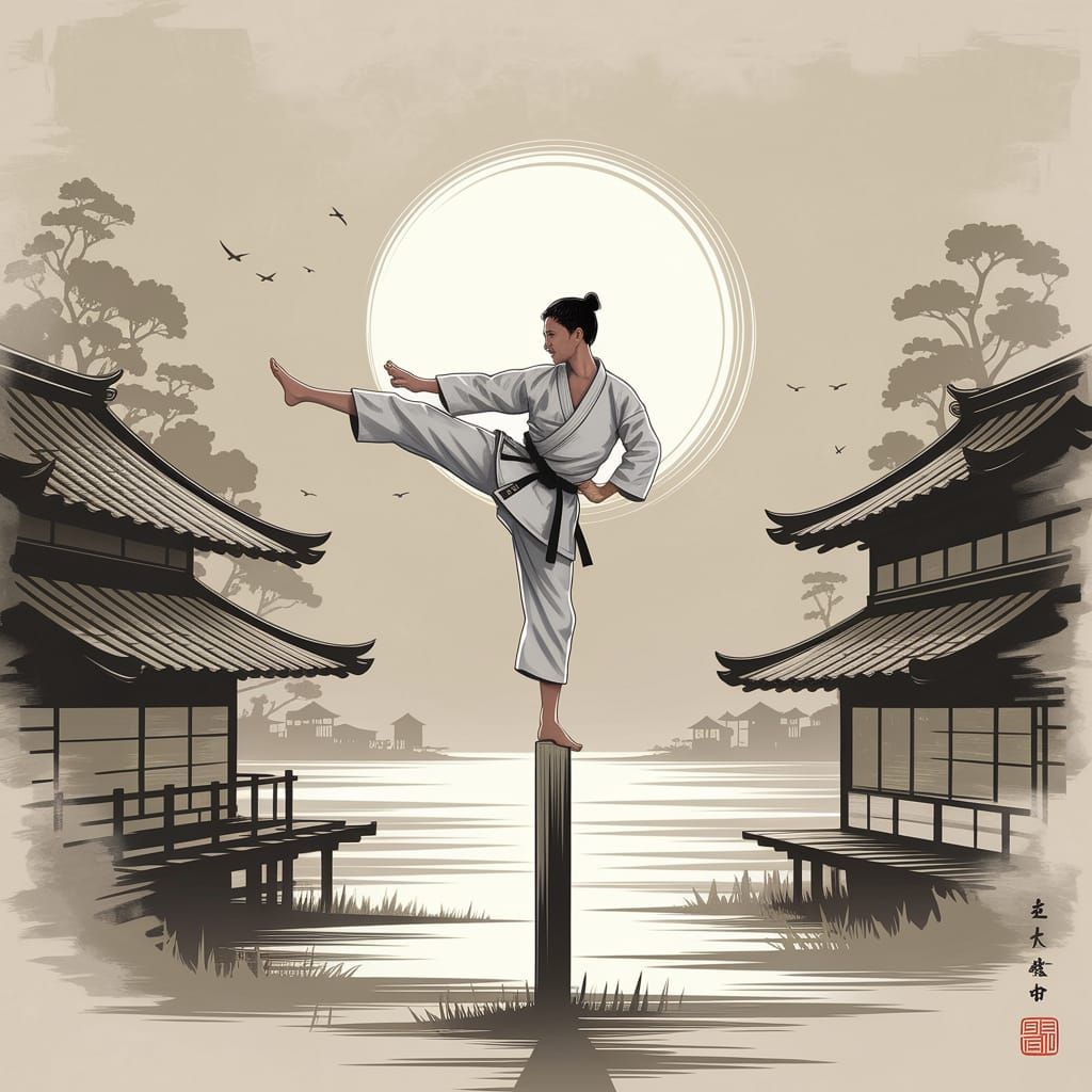 A karate sidekick on a pole by sunrise  by @axelb