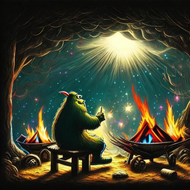 <lora:DoodleDND:1.0> An ogre sitting beside a campfire, scribble art, hand drawn, selective colour, neon