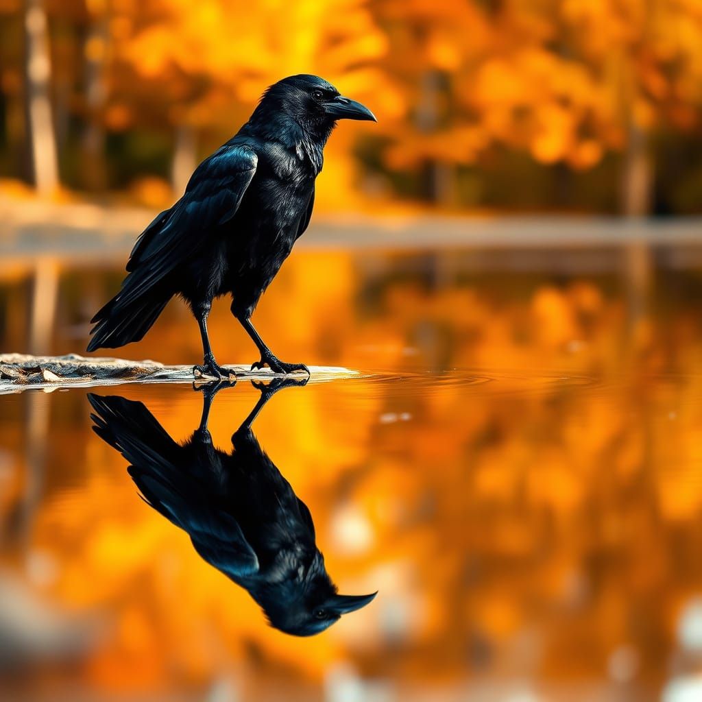Prompt: A striking photograph of a black Raven standing at the edge of a still water puddle.   by @Observer1