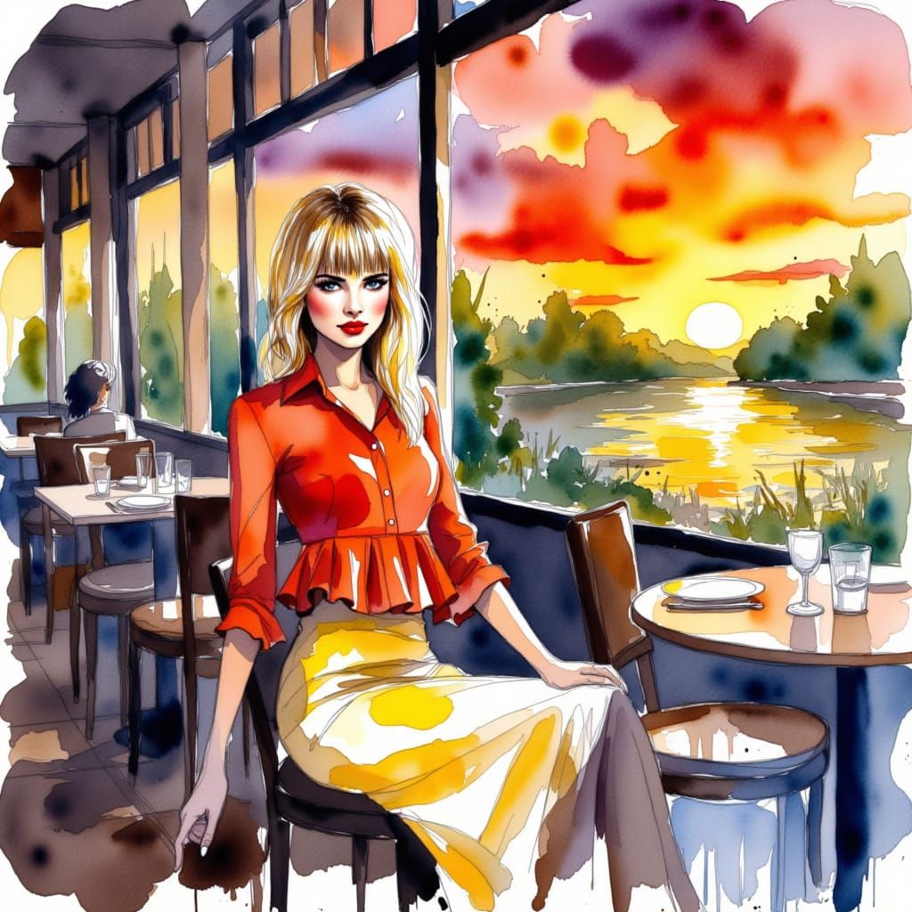 <lora:GrokFlux:1.0> A stunning woman with straight blonde hair and bangs, bold makeup, and red lips, sits at a table in a restaurant overloo...