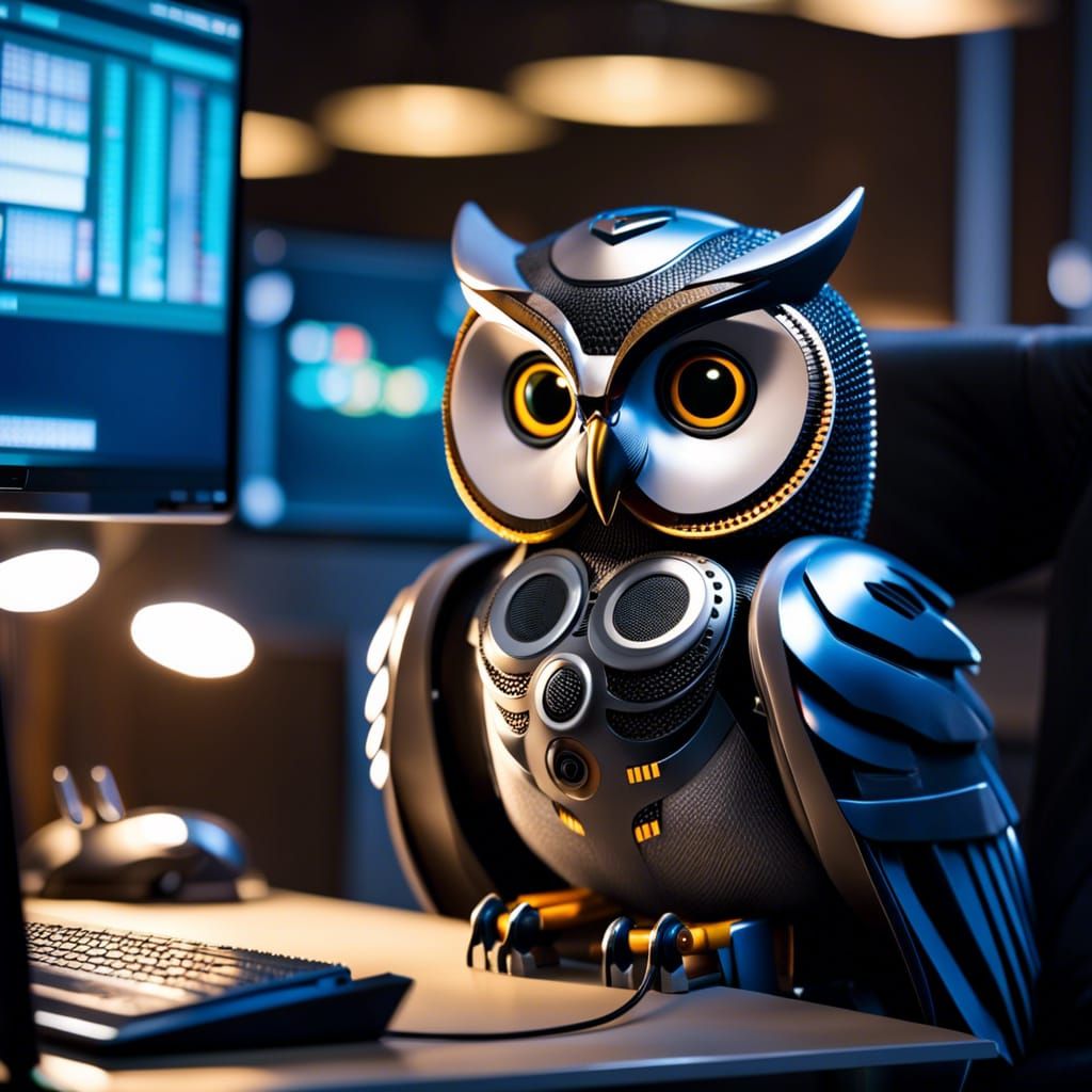 AI robot owl is helping his Boss to finish the computer tasks.  by @Riangwalee