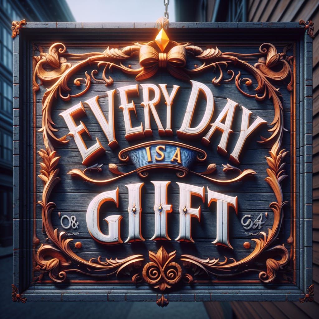 word art on a sign that reads "every day is a gift" intricate details, HDR, beautifully shot, hyperrealistic, ...  by @Patsy 