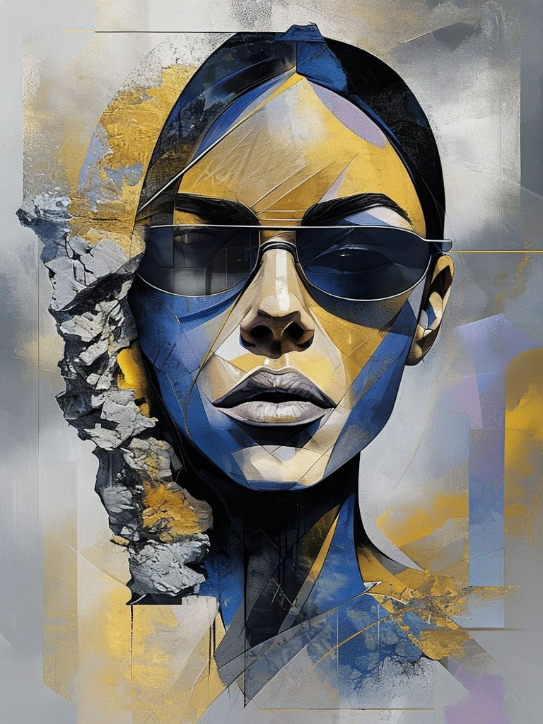 An abstract digital painting depicts a stylized portrait of ...