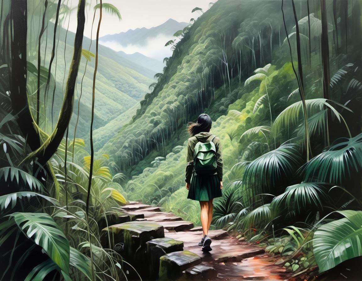 Girl with backpack walking on pathway through lush jungle  by @Fokje